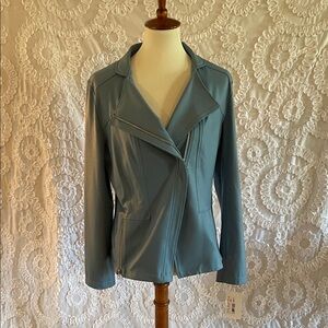 CLARA SUNWOO Dusty Blue Faux Leather Moto Jacket
